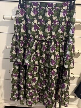 MELLODAY Olive Floral Tiered skirt with Purple Blooms